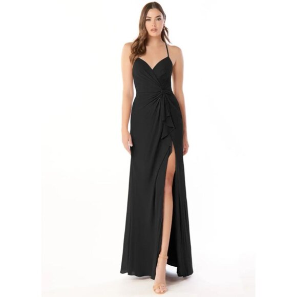 Azazie A-Line Ruched Chiffon Long Gown Dress Sze A4 Black Formal Prom Party Chic - Picture 1 of 14